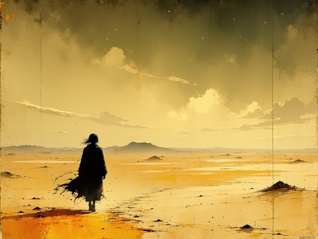 Sahara Desert Explorer at Dawn: Sepia Sketch