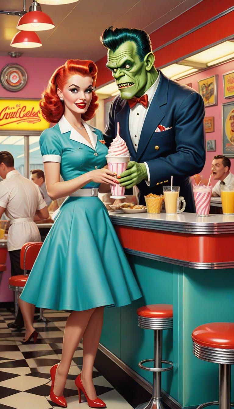 Pin-Up Art: Redhead Serves Monster in 1950s Diner