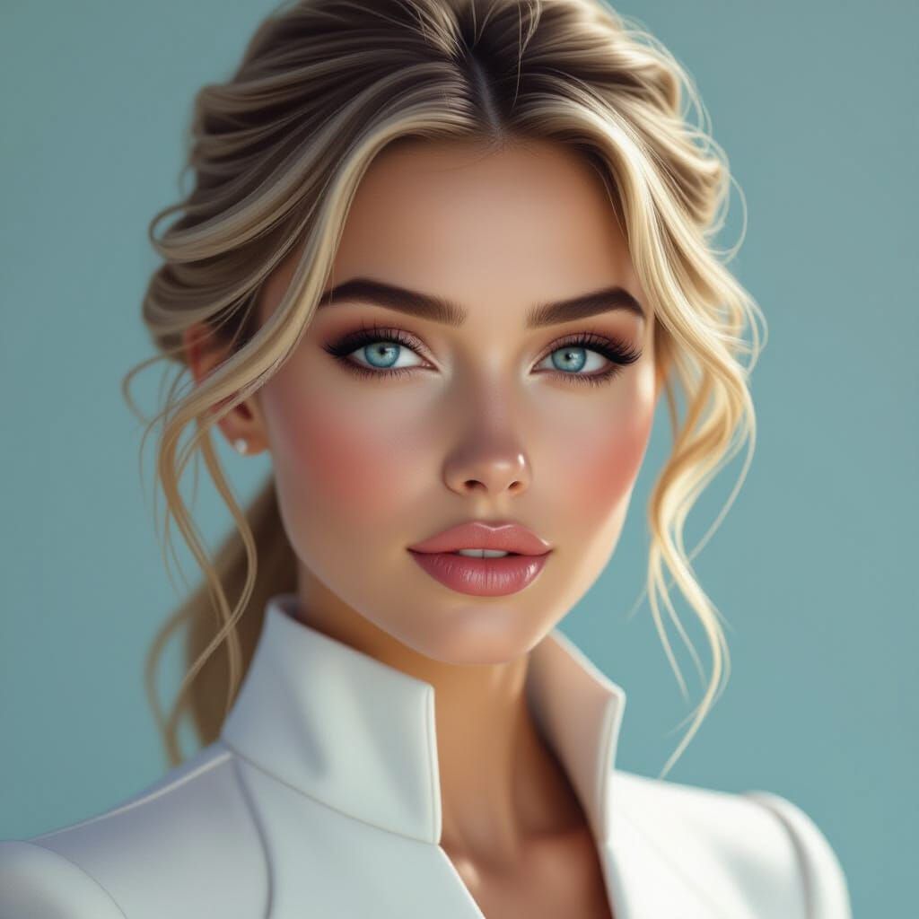 Hyperrealistic Portrait of a Blonde Woman with Blue Eyes