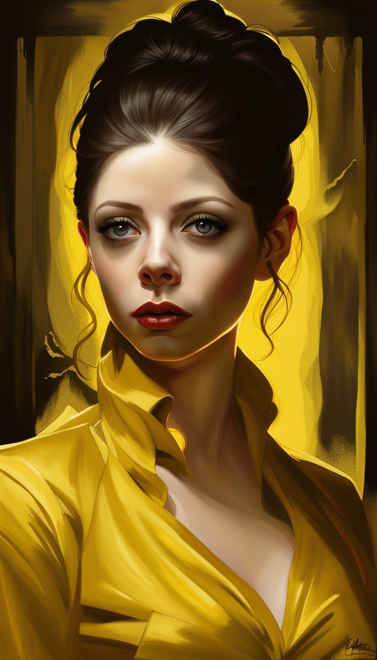 Actress Michelle trachtenberg, in A yellow dress, as a femme fatale, noir, realistic, hyper detailed,