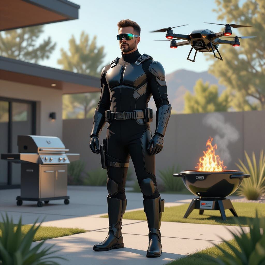 Futuristic Dad with BBQ Drone Assistant