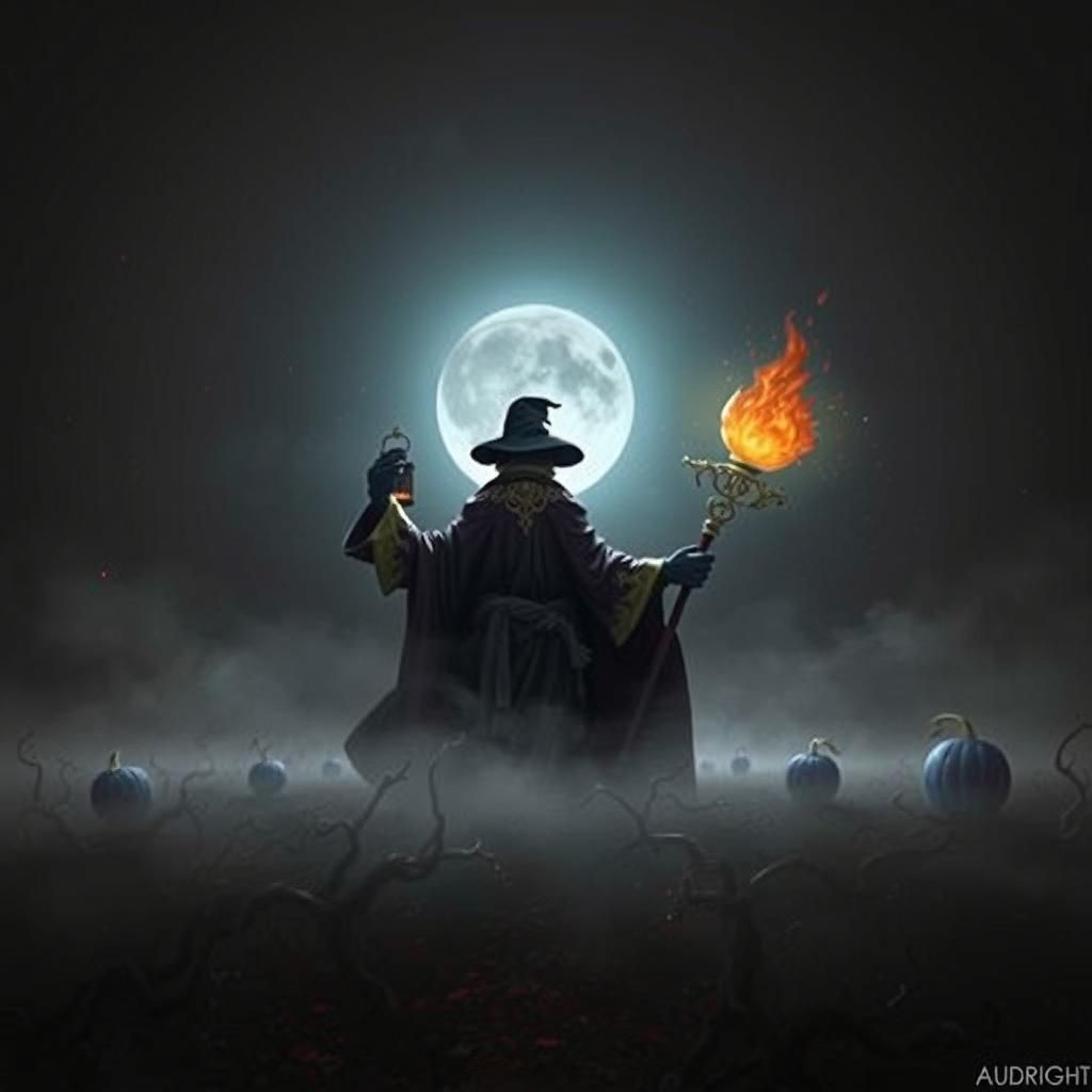 Sorcerer in a Pumpkin Patch Stepping Through Tarot Card