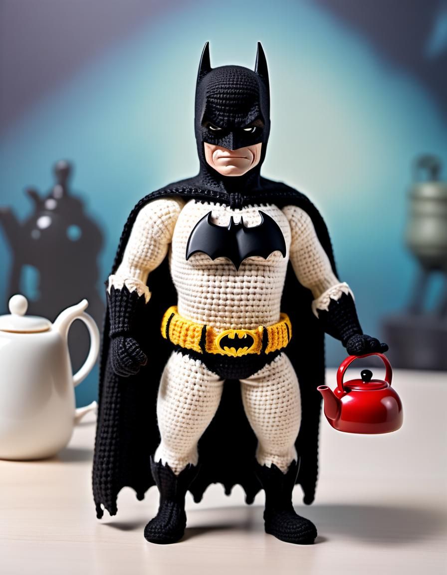 Crochet Batman Tea Party: Hyperrealistic Macro Photo