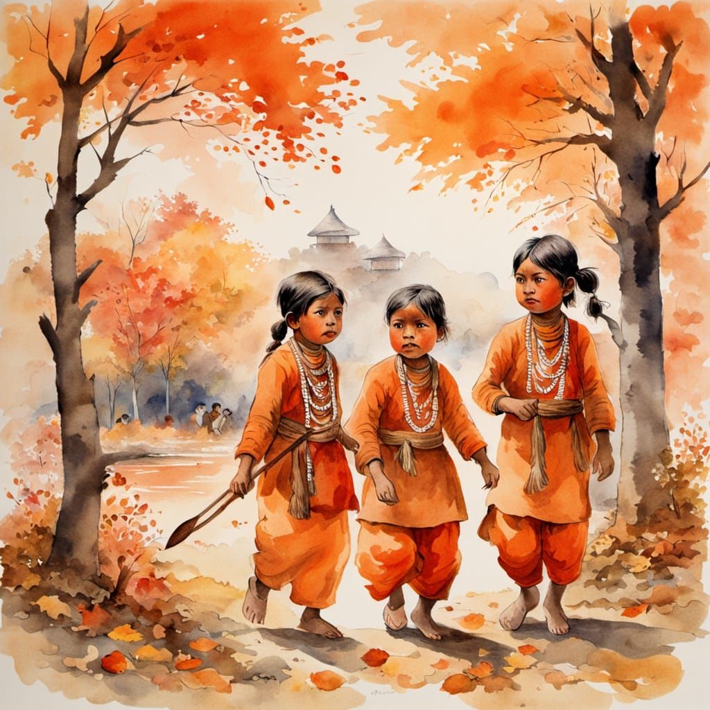Children in Traditional Clothing Playing in Autumn