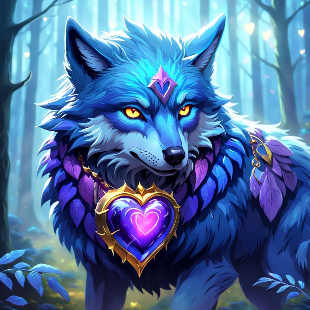 Blue Wolf Carries a Glowing Heart in Fantasy Art