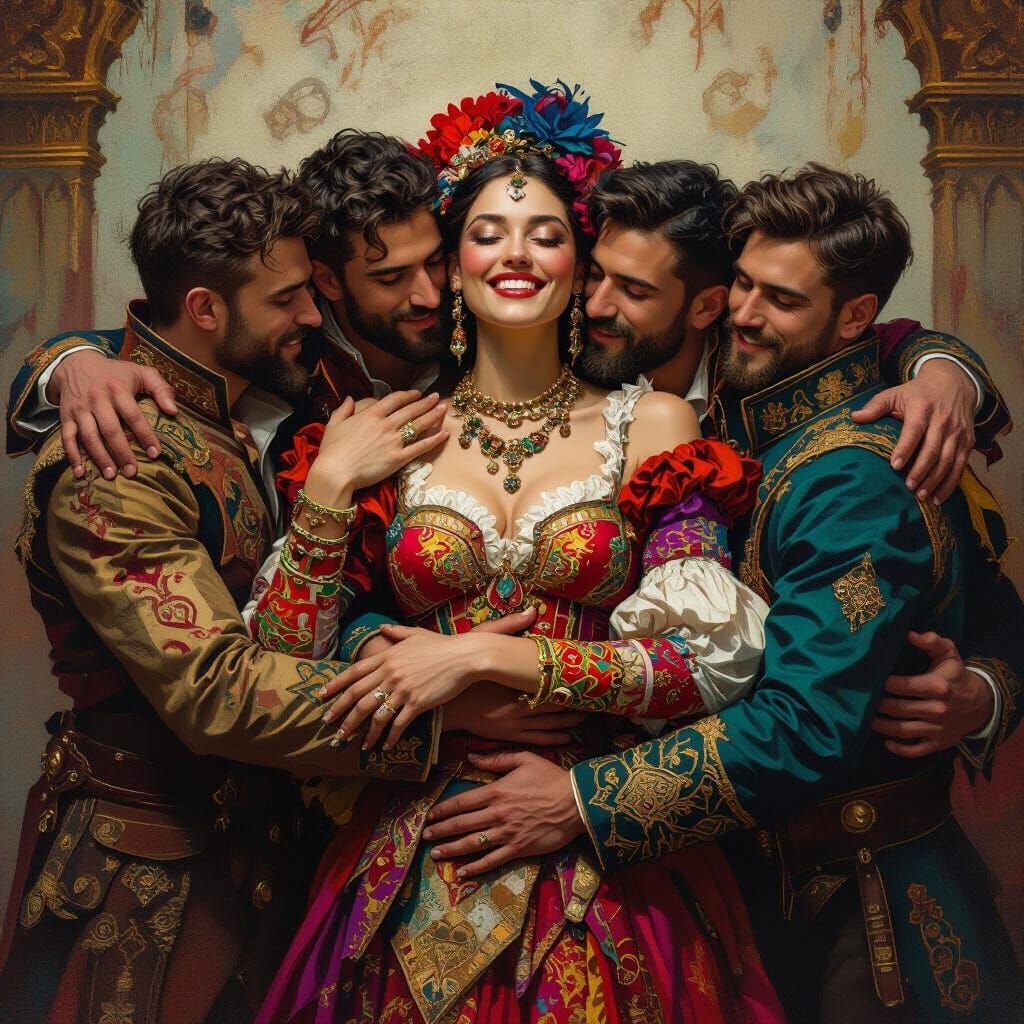 Woman Surrounded by Men in Matte Painting Style