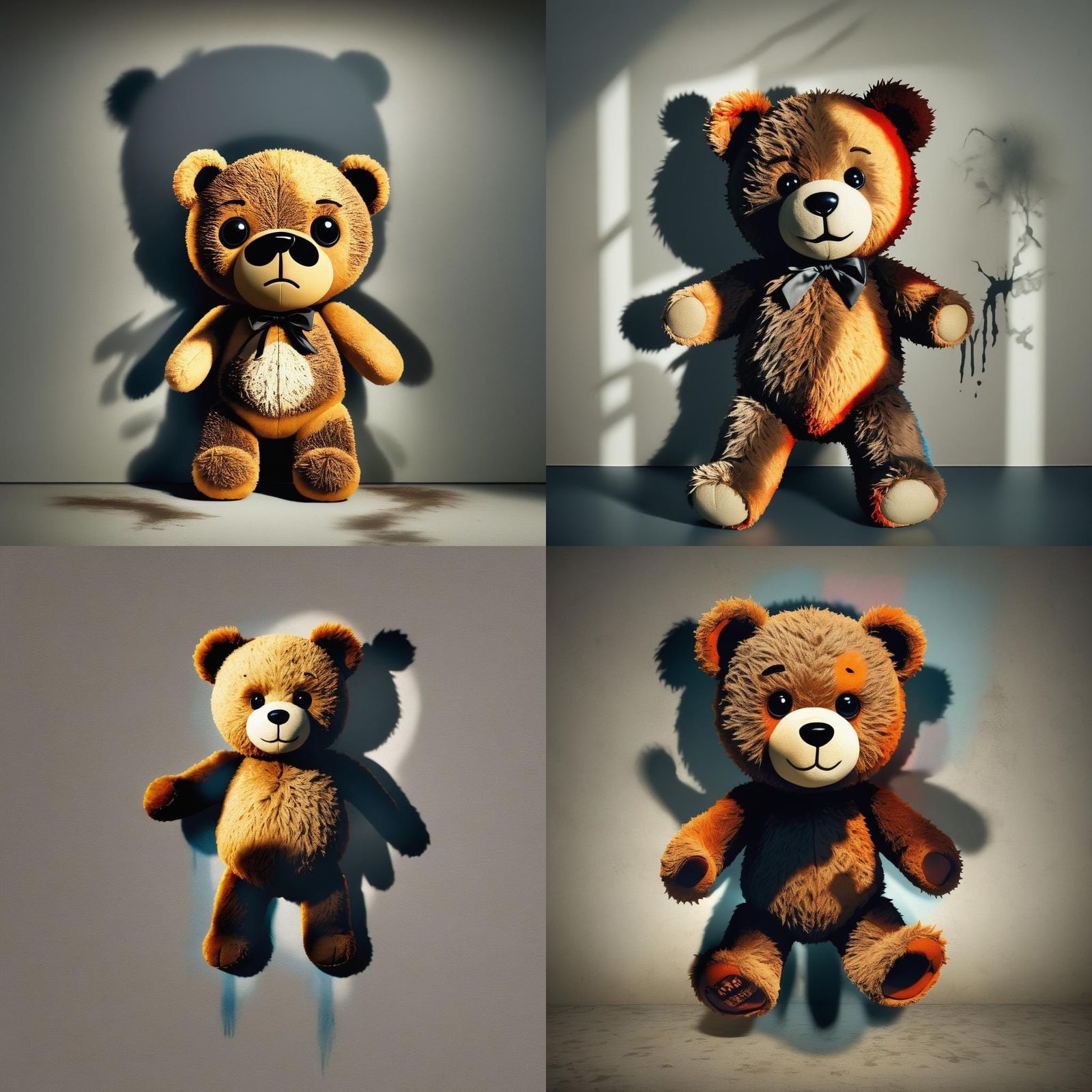 a cute teddy bear with a scary shadow coming out of it, like a monster.
