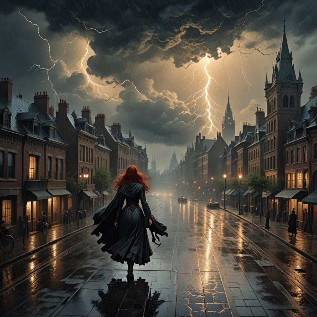 Ancient Redhead with Iridescent Scales in Thunderstorm Citys...