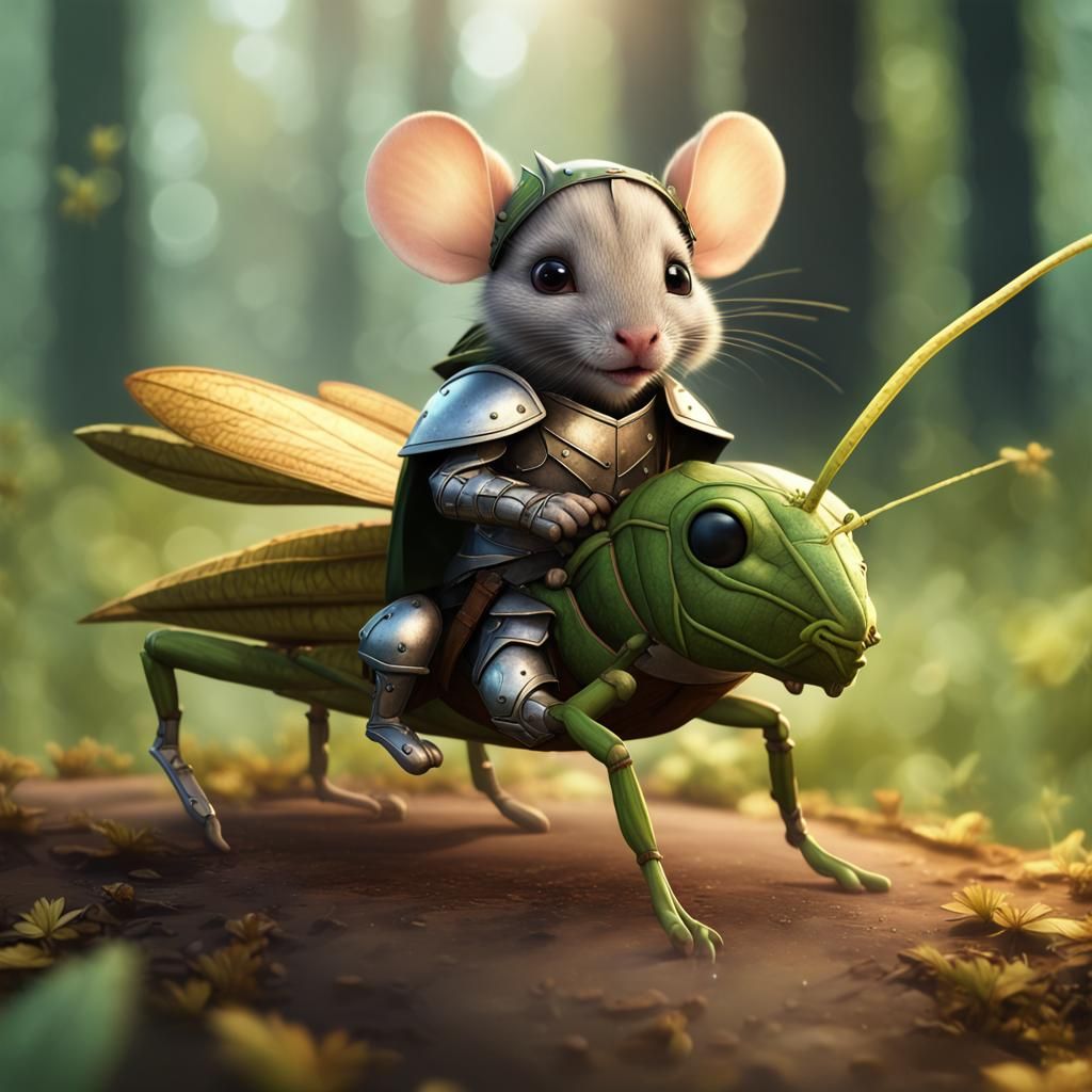 Mouse Knight Riding Grasshopper: Fantasy Concept Art