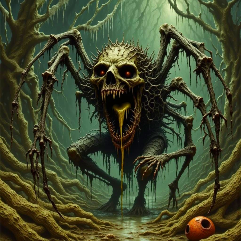 Skeletal Form Ensnared in Dripping Web