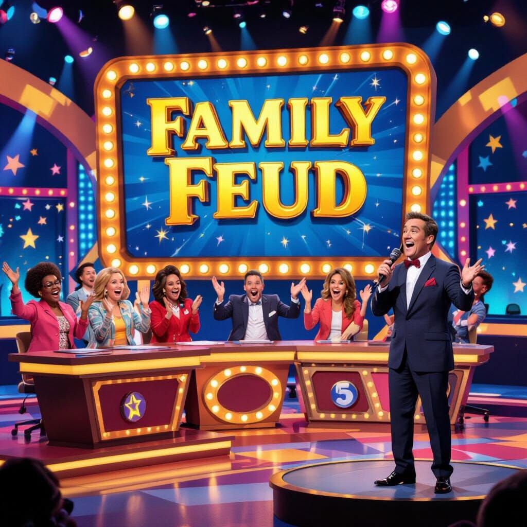 Vibrant Cartoon Game Show Set With Family Feud Screen