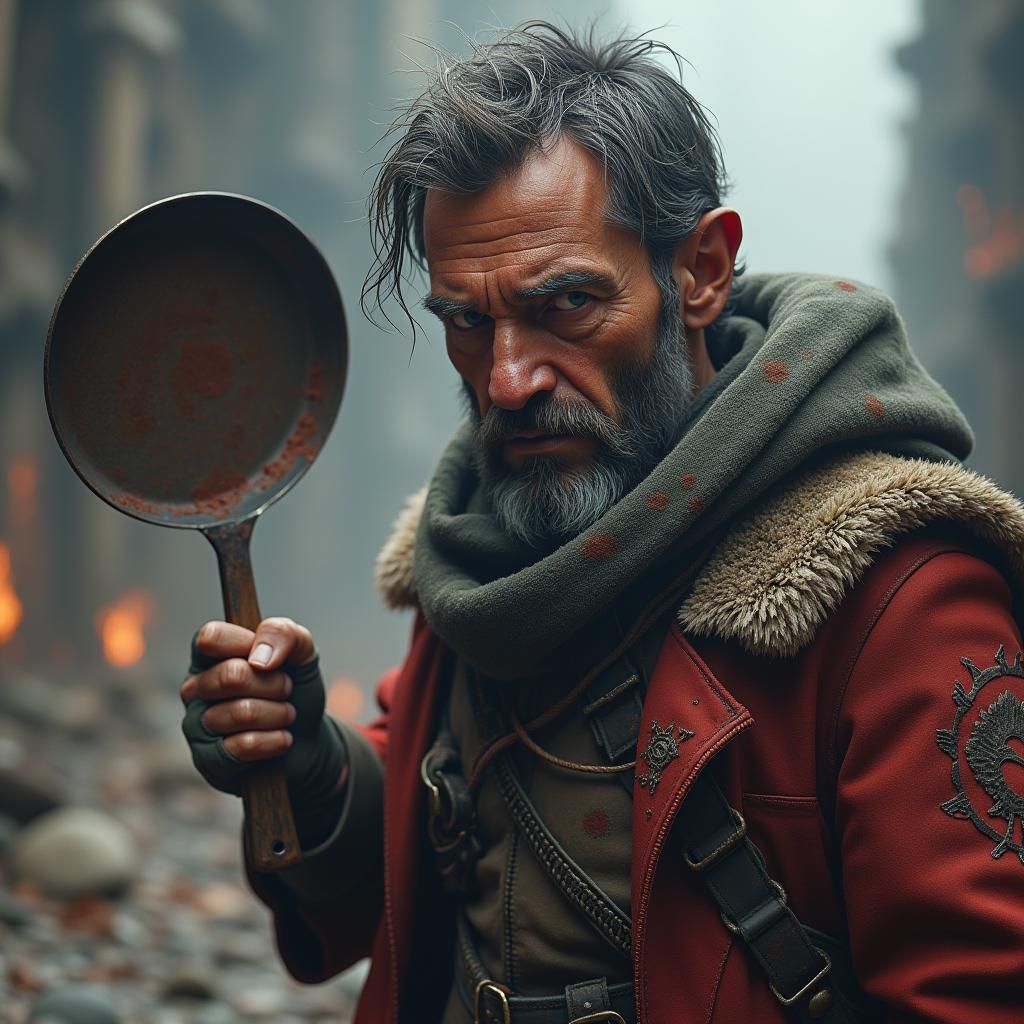 Dark Fantasy Soldier with Frying Pan in 8K