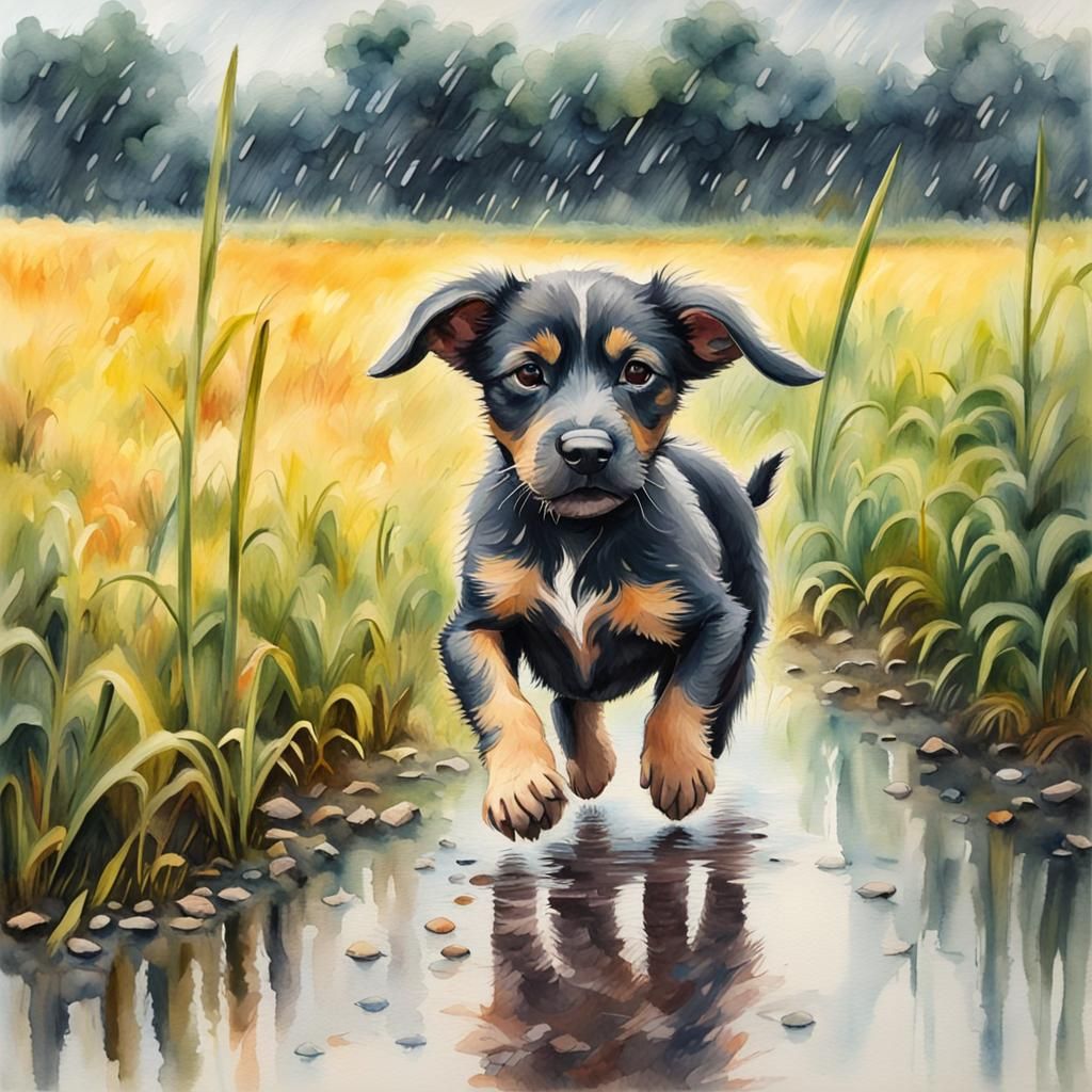 Lapponian Herder Puppy in Rainy Rice Field