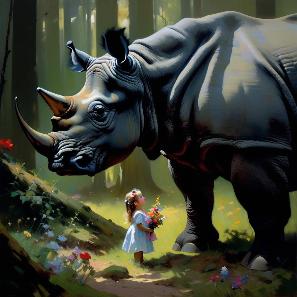 Girl and Rhinoceros in Whimsical Forest: Figurative Art
