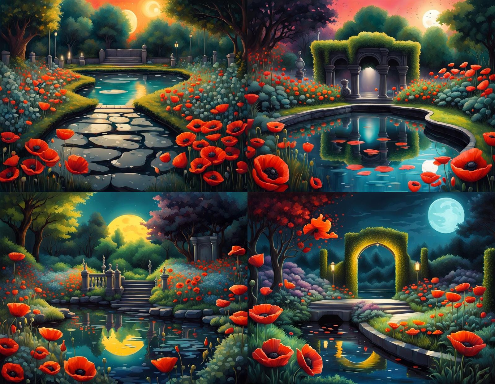 Moonlit Garden Path with Graffiti Art Elements