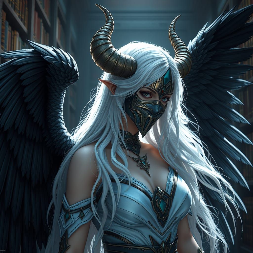 Angelic Figure in Library: Detailed Matte Painting