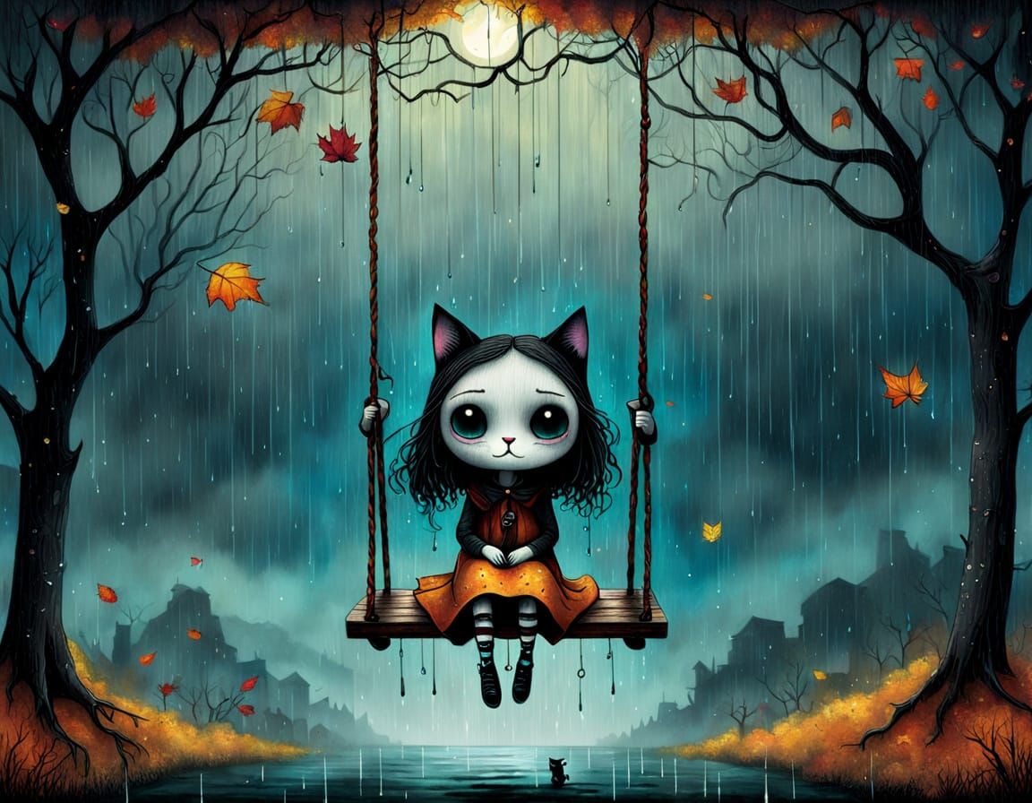 Pop Surrealist Girl with Kitten in Autumn Rain