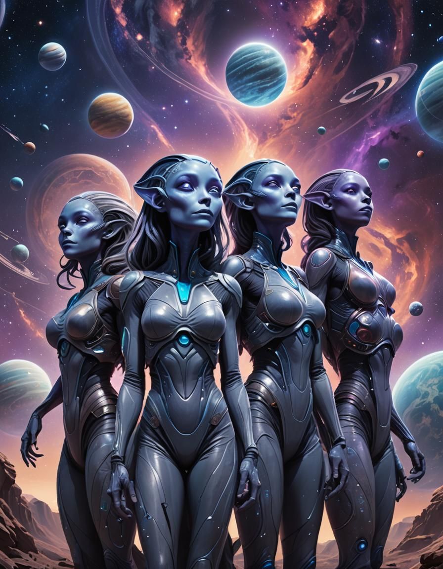 Voluptuous Alien Women Admire Planets: Sci-Fi Illustration