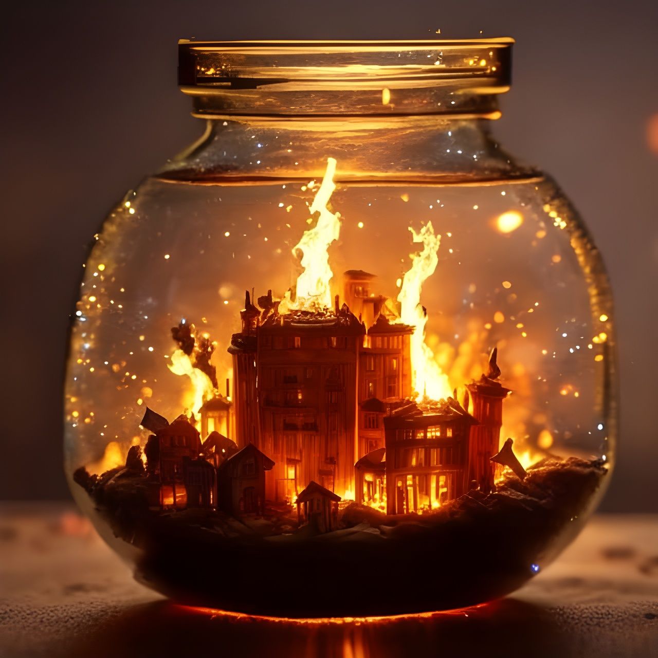Miniature City on Fire Inside Glass Jar