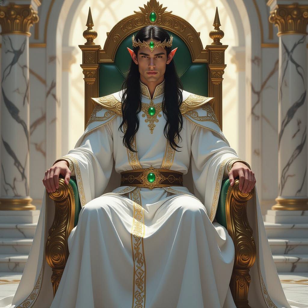 Radiant Elf King in Opulent Throne Room
