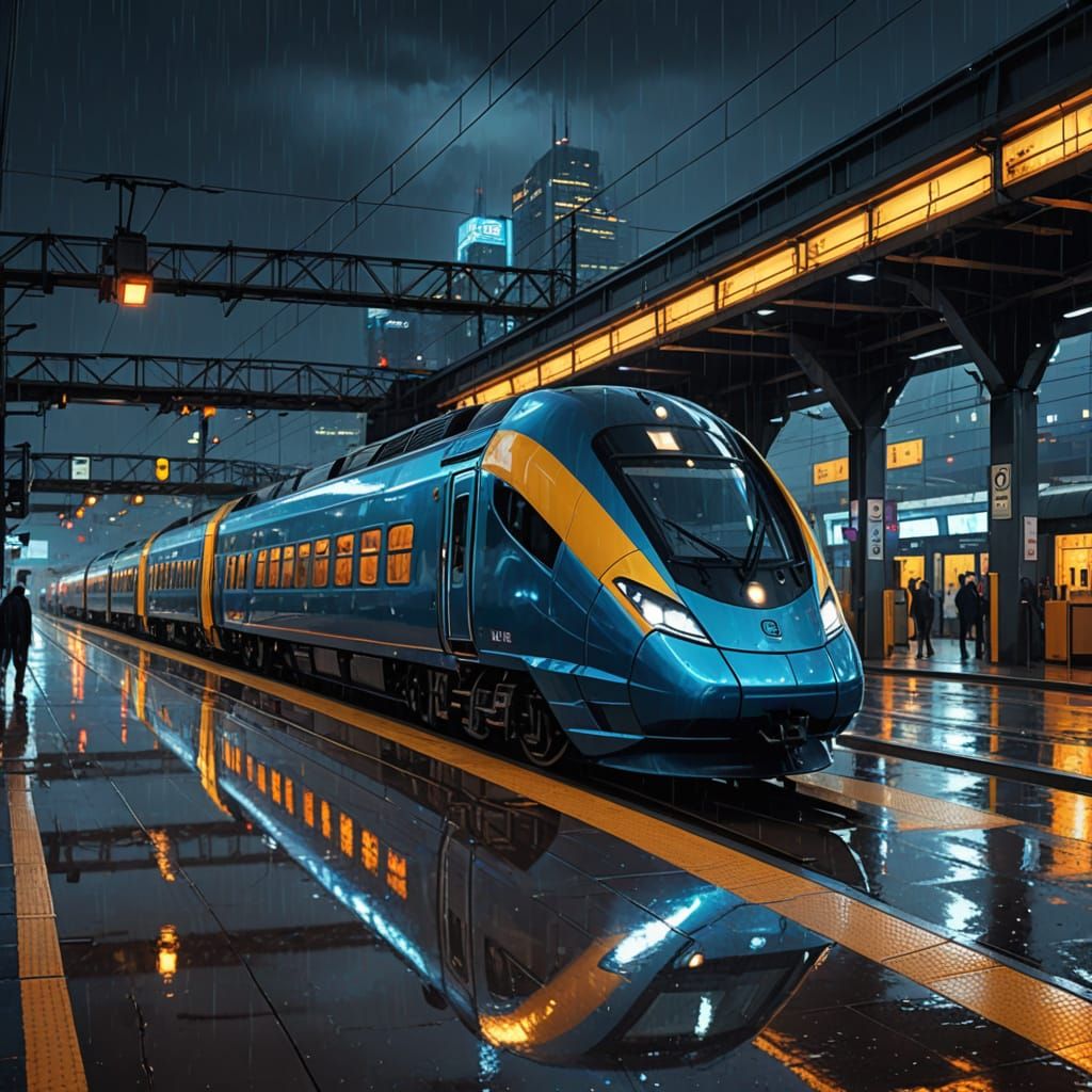 Futuristic Train Leaving Station in Rainy Cityscape