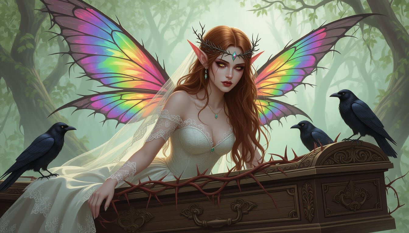 Decaying Dark Faerie Bride Rises from Thorned Coffin
