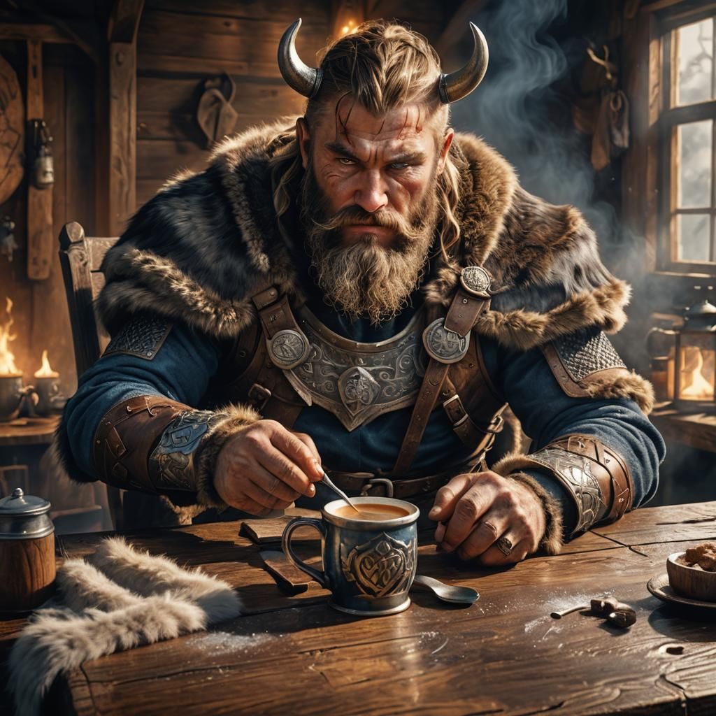 Viking Warrior Drinking Coffee in Art Nouveau Style
