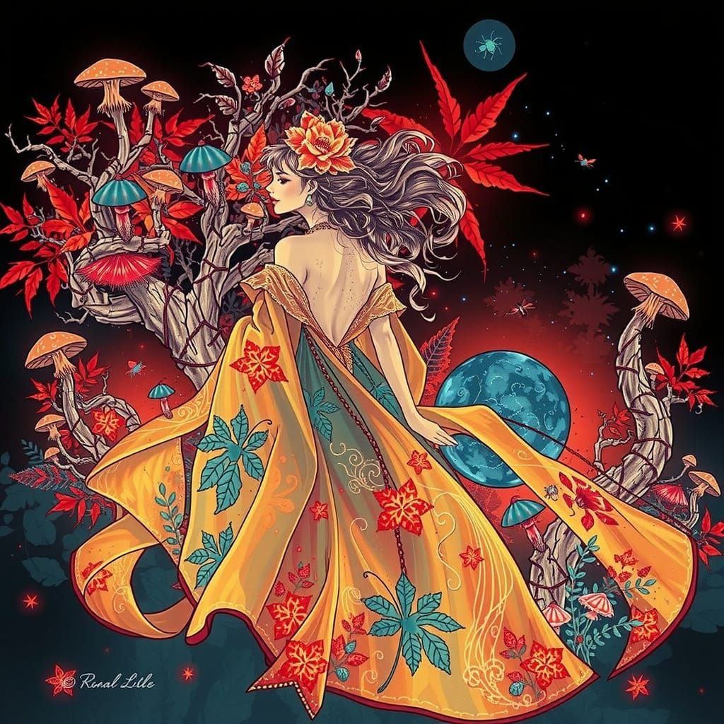 Bioluminescent Forest Nymph in Romantic Illustration Style