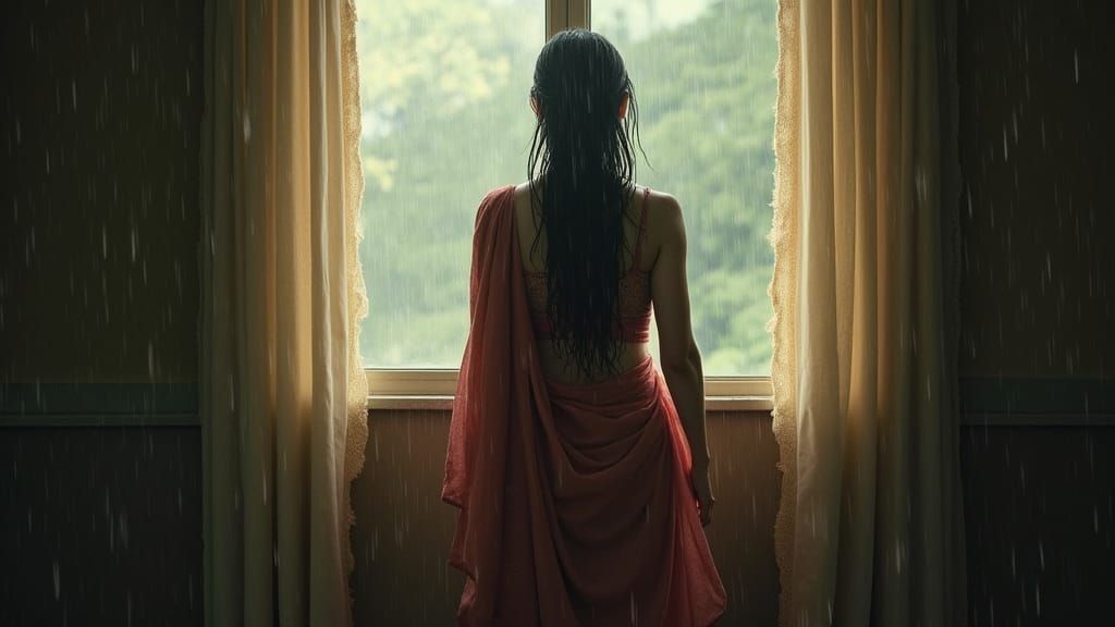 Woman in Saree: Rainy Window Silhouette