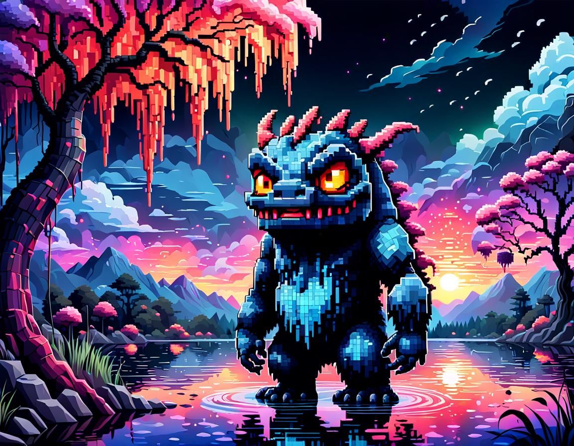 Neon Pixel Art Monster in Murky Lake