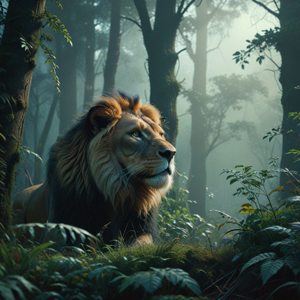 Epic Cinematic Forest Scene with a Young Lion Emerging from...