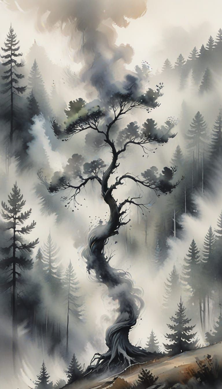 Smoke Tree in Watercolor Forest