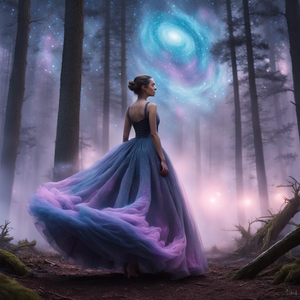 Nebula Ballgown in Starry Forest: Digital Matte Painting