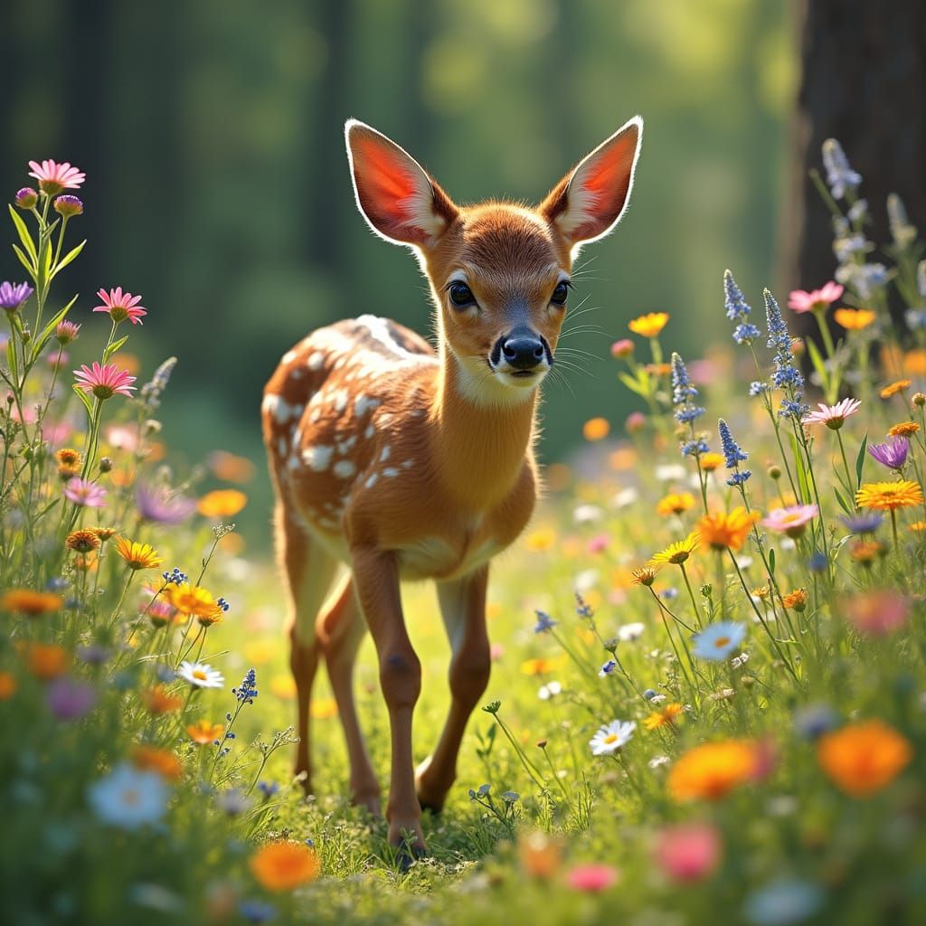 Golden Fawn Leaps Through Vibrant Wildflowers in a Joyful Fo...