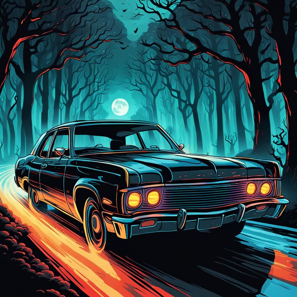Haunted Car in High-Energy Comic Book Style