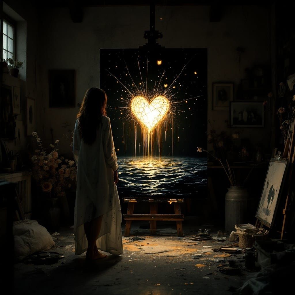 Ethereal Heart Radiates Golden Light Above Turbulent Ocean