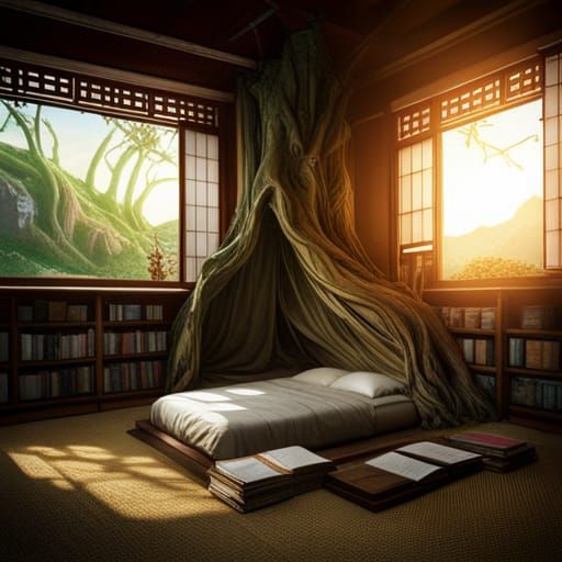Japanese style bedroom bed nestled into the roots of a living tree. room filled with books