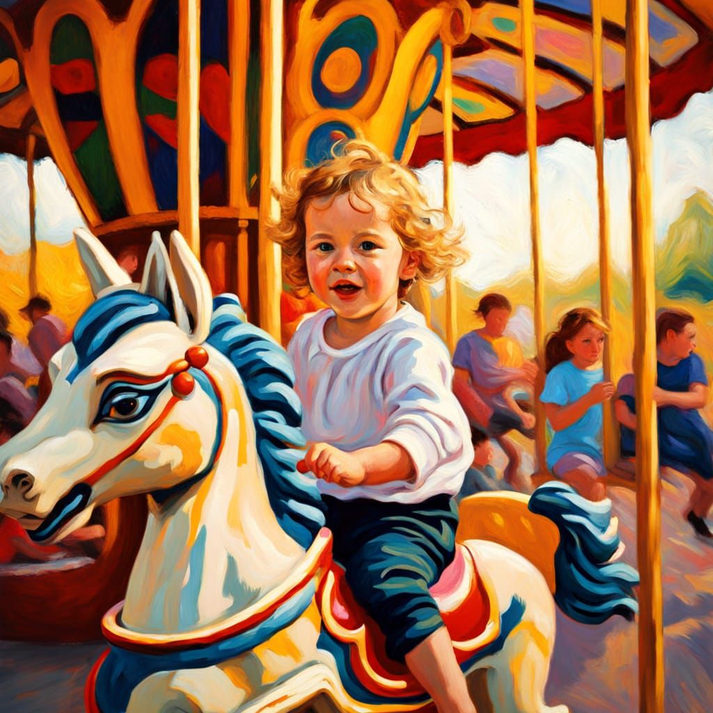 Child on Merry-Go-Round in Neo-Impressionist Style