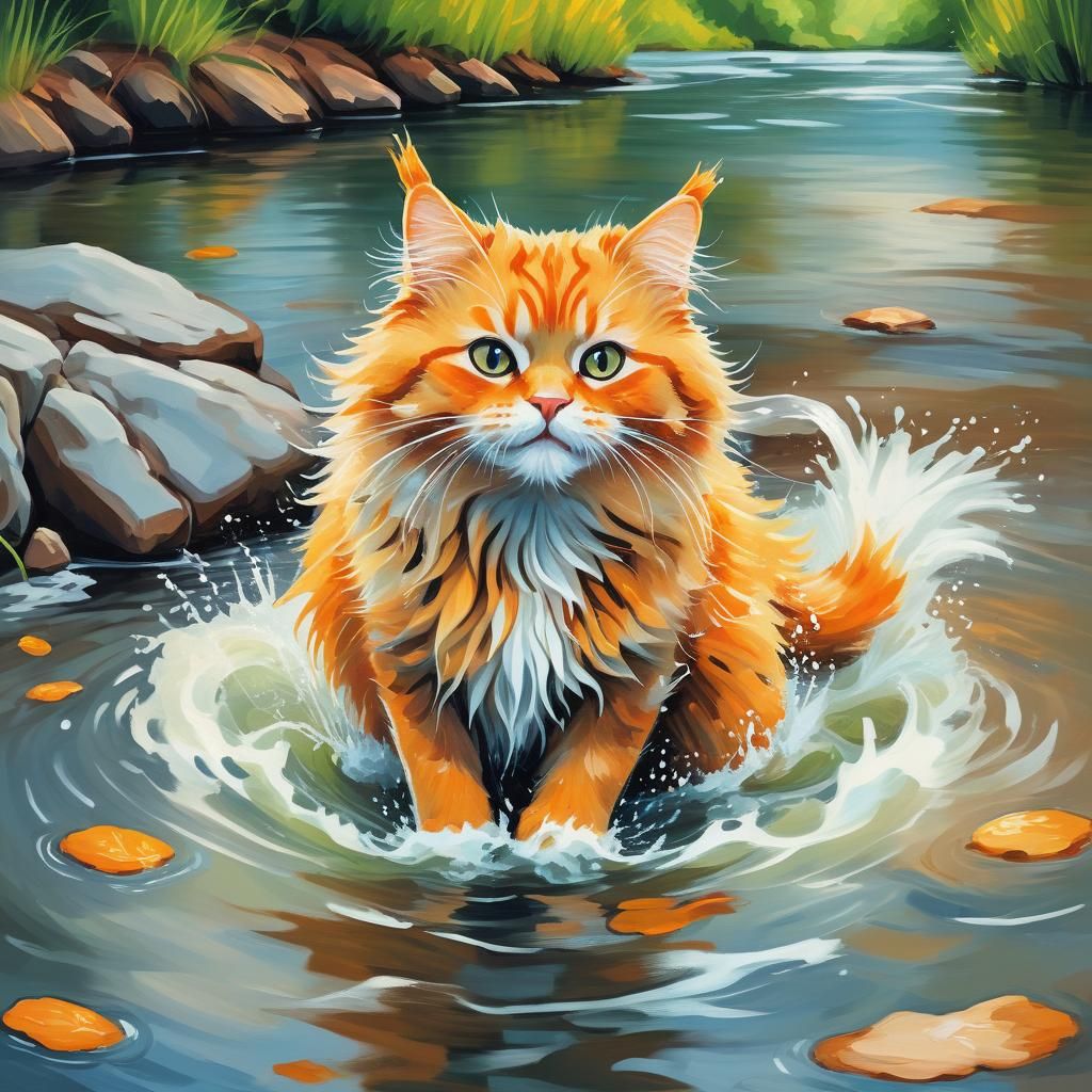 Fluffy Orange Cat's River Adventure: Post-Impressionist Acry...