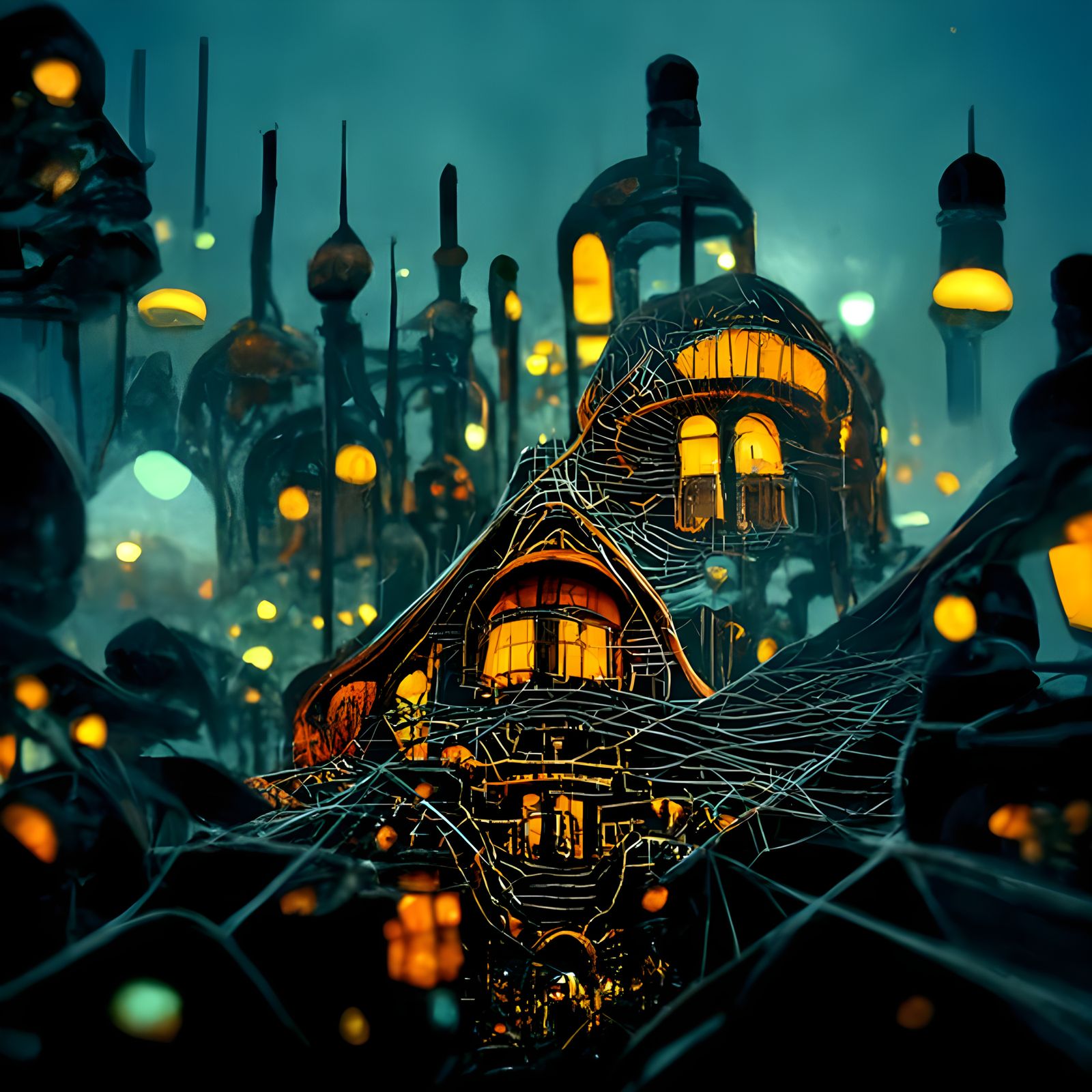 Cobweb House: Surreal Digital Art in Art Deco Style