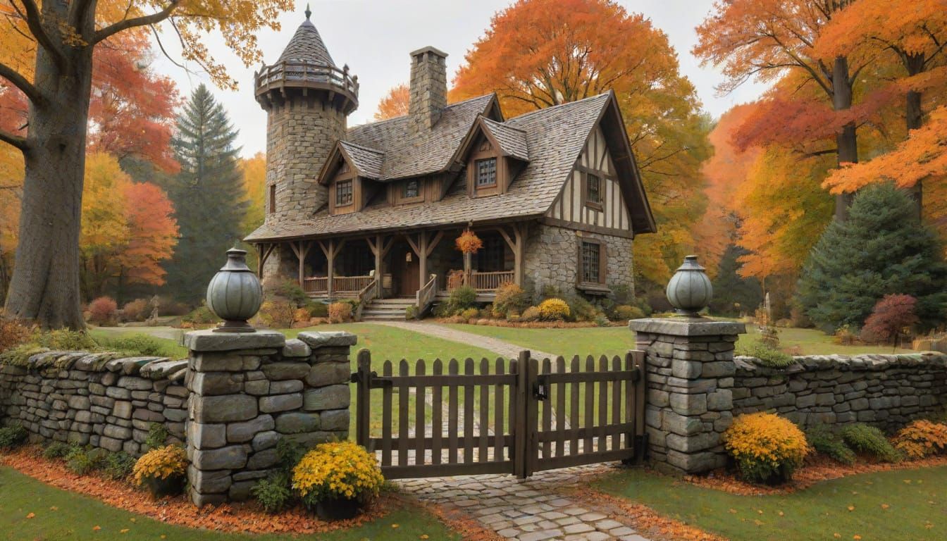 Medieval Wood Home in Autumn Forest with Man