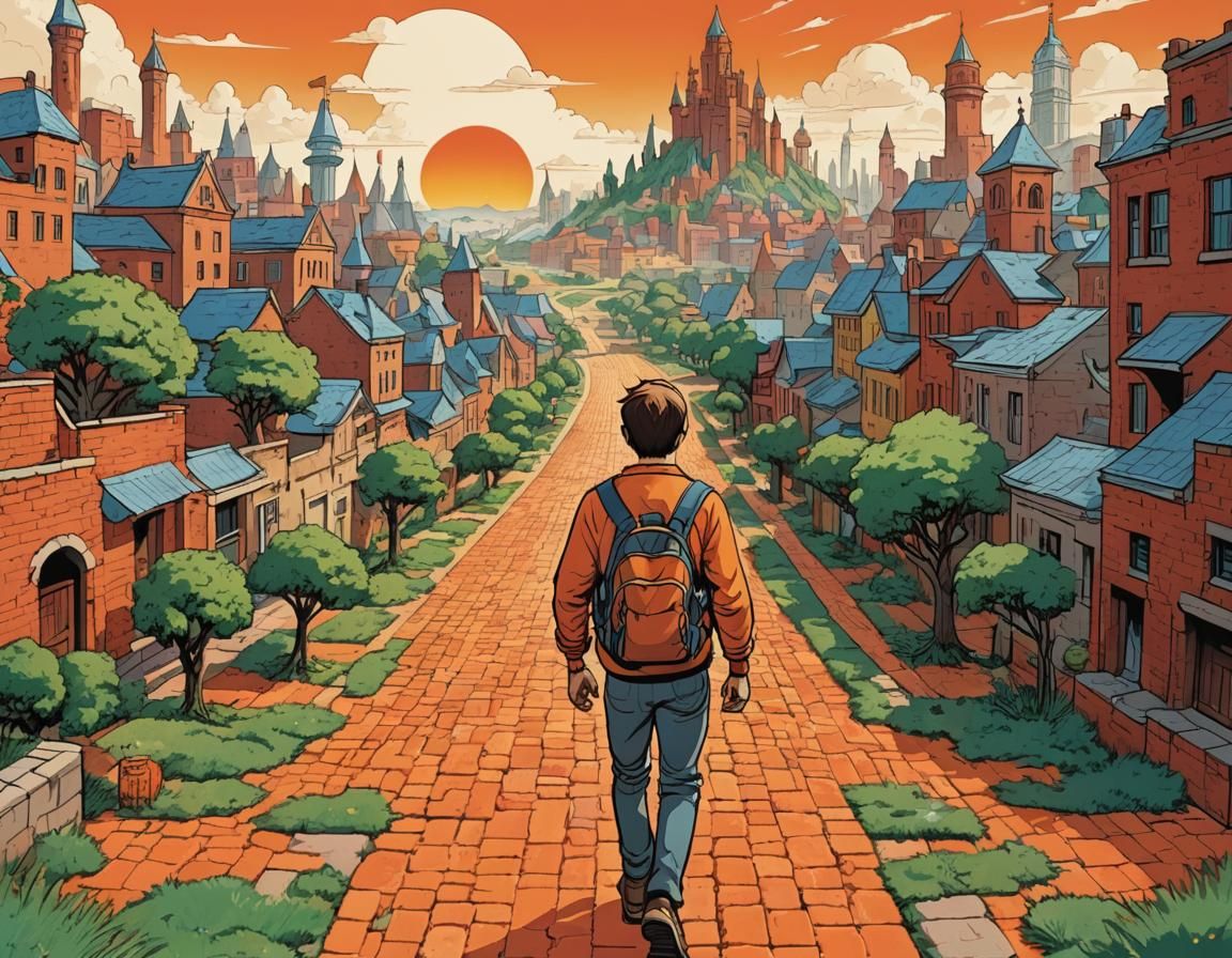 Vibrant Cartoon Poster: Orange Brick Road to City