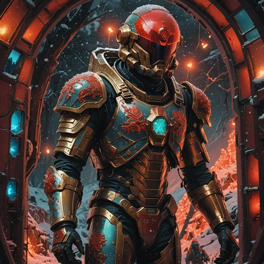 Warrior in Snowy Pass with Scarlet and Mint Armor