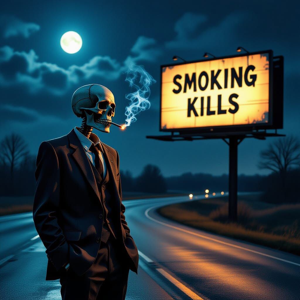 Skeleton Billboard at Night Under Full Moon
