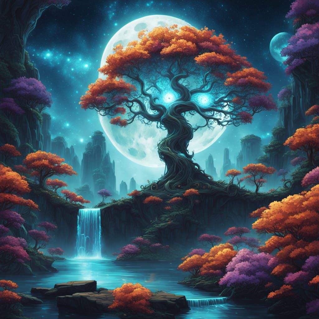 Celestial Tree of Life with Gears in Cosmic Ocean