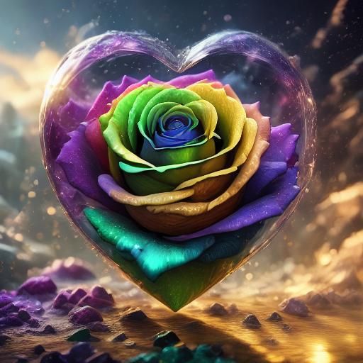 <lora:Epic roses:1.0>epic rose in a crystal heart sparkels,epic light