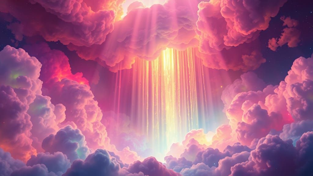 Cosmic Waterfalls in Neon Iridescent Clouds