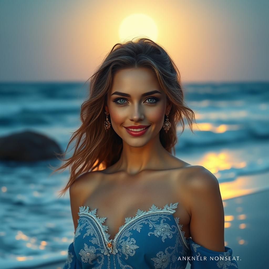 Beautiful Woman on Beach with Moonlit Waves