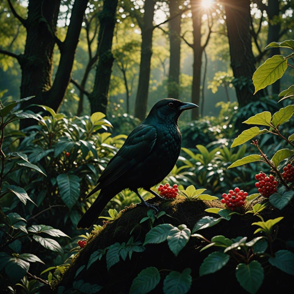 Glossy Blackbirds in a Lush Red Berry Bush, Cinematic Film S...