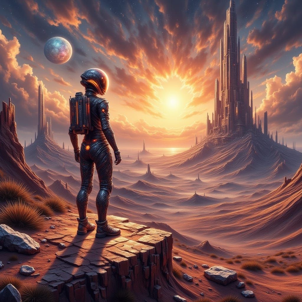 Astronaut on Alien Planet Under Binary Sunset